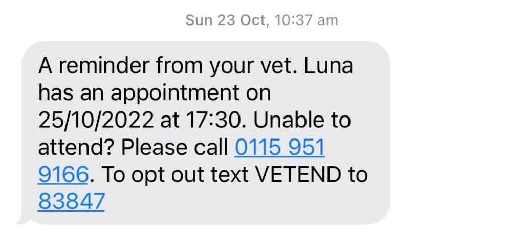 appointment reminder text message from a vet