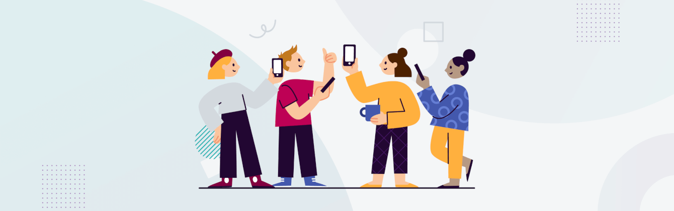 Group of four people interacting with their smartphones illustration.