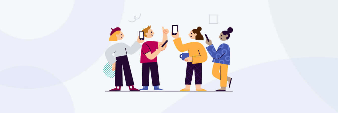 Group of four people interacting with their smartphones illustration.