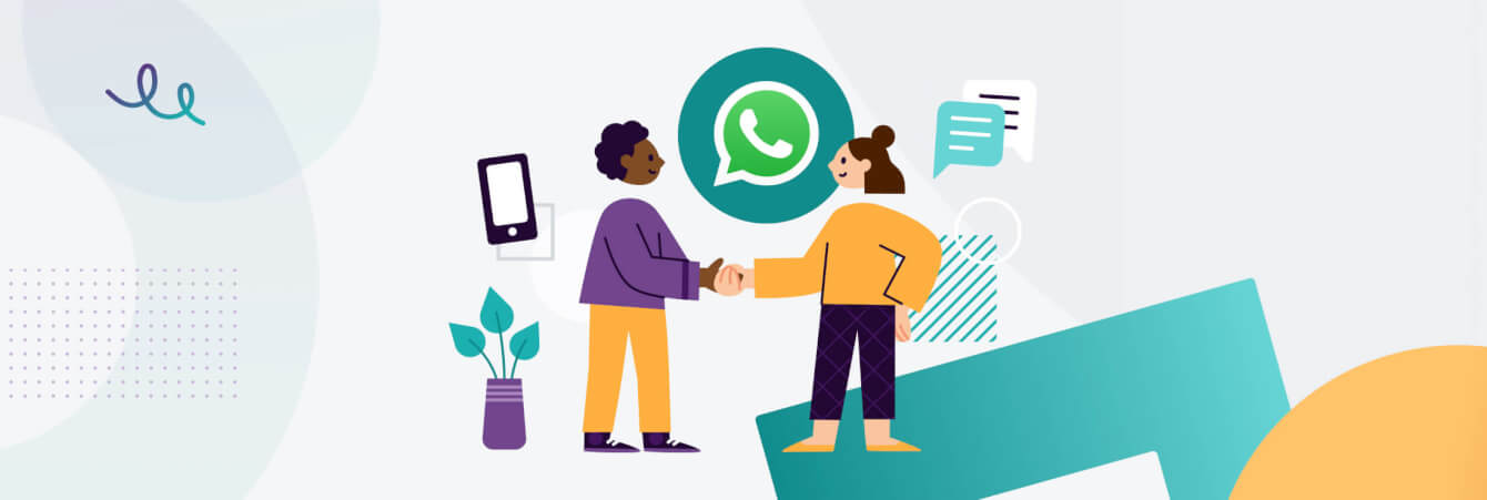 People shaking hands in front of the WhatsApp logo illustration.