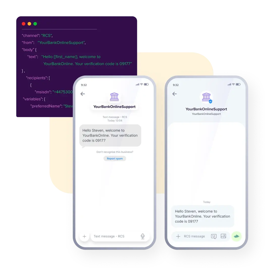 A smartphone mockup displaying a basic, text-based RCS notification.