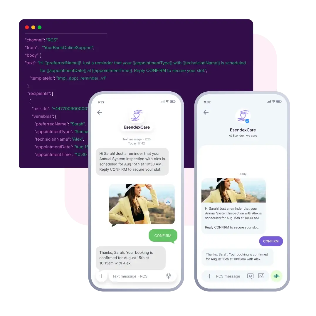 A smartphone mockup showing a two-way conversational RCS chat between a customer and a brand's automated service.