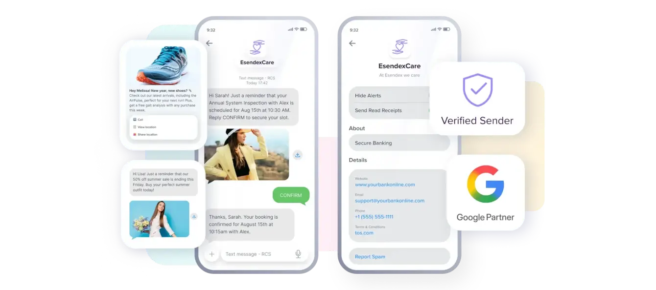 An illustration showcasing key RCS messaging features, including verified sender branding, rich media carousels, and suggested reply buttons.