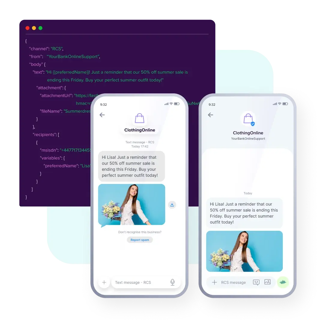A smartphone mockup displaying a Rich Communication Services (RCS) message featuring brand verification, rich media, and interactive buttons.