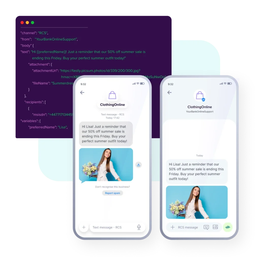 A smartphone graphic illustrating a single, one-way promotional RCS message sent from a brand to a customer.