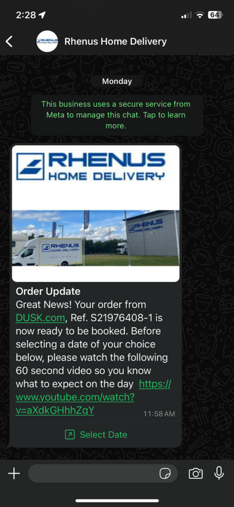 Screenshot of an order update from Rhenus Home Delivery to showcase one of the ways to overcome buyer's remorse
