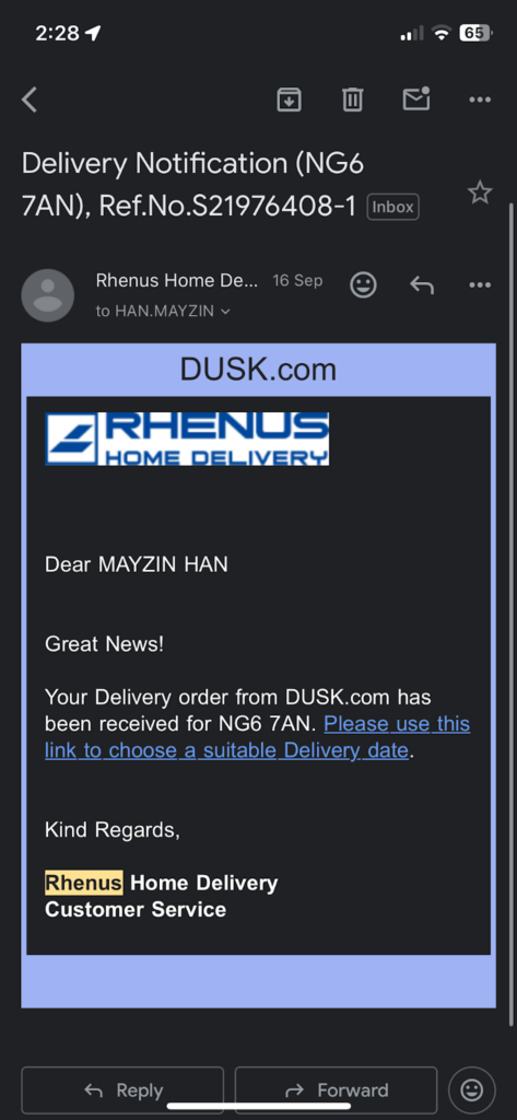 Screenshot of an email from Rhenus Home Delivery alerting a customer of their order's delivery status to represent overcoming buyer's remorse towards their brand
