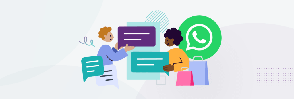 Two people holding chat bubbles near a WhatsApp logo and shopping bags illustration.