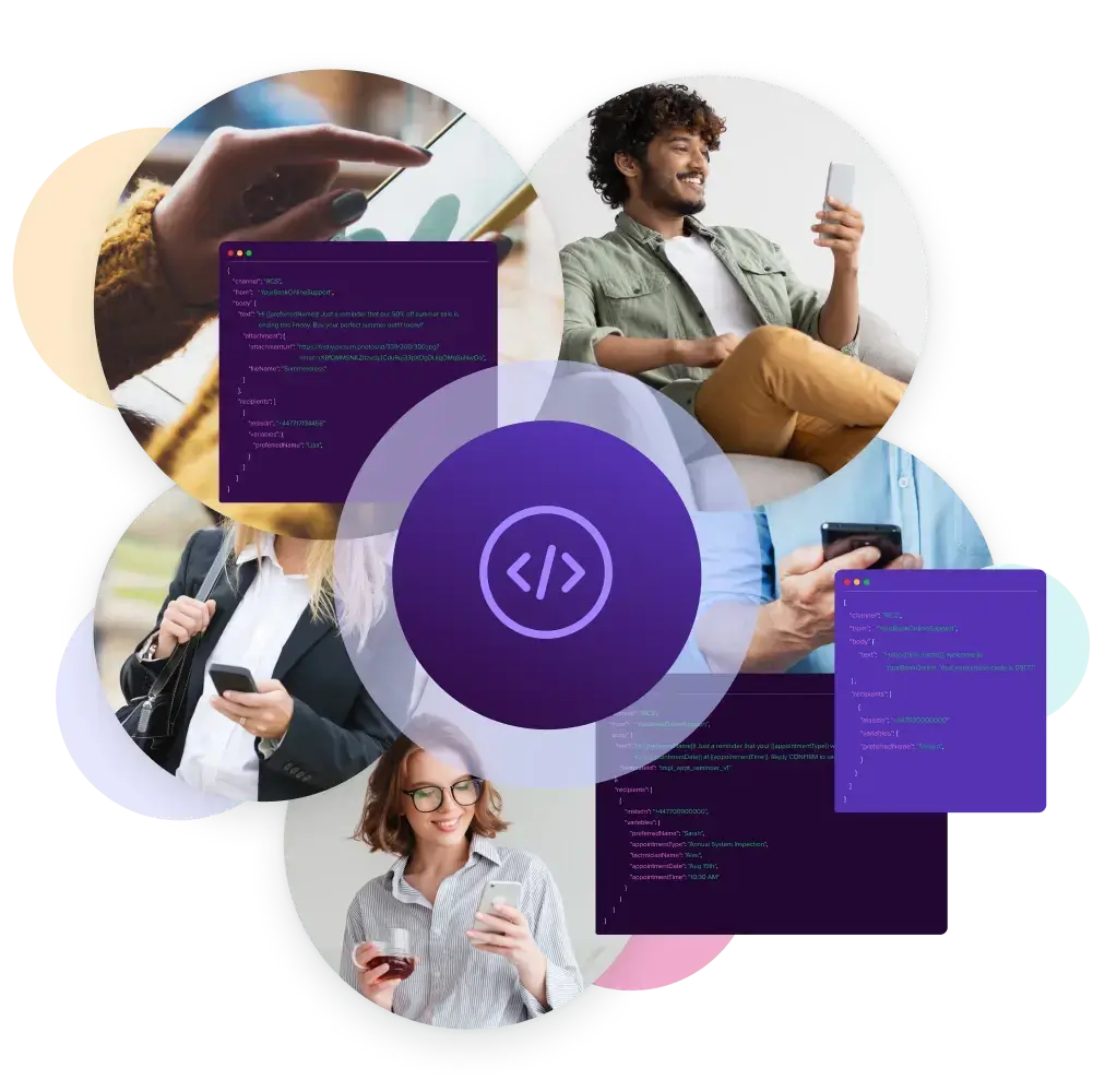 An illustration representing how the Esendex API product suite connects core software to customer communication channels.