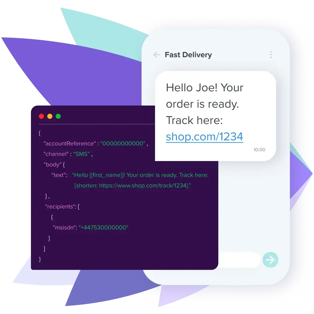 A graphic displaying an API code snippet for sending a message alongside a smartphone receiving a multichannel notification.