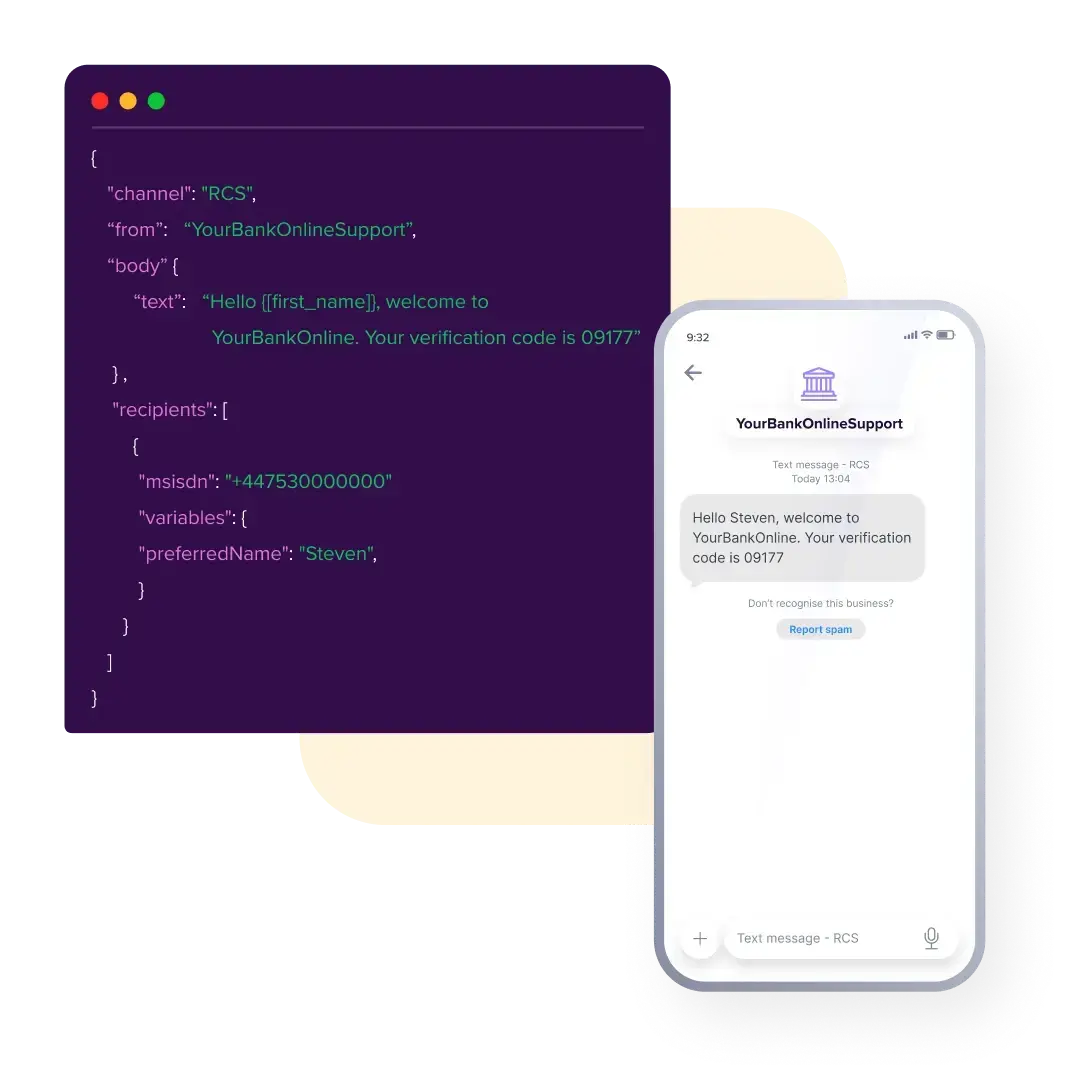 A graphic illustrating the Esendex REST API code and handset example.