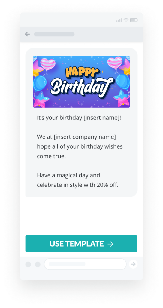 sms birthday template with 20% off discount code