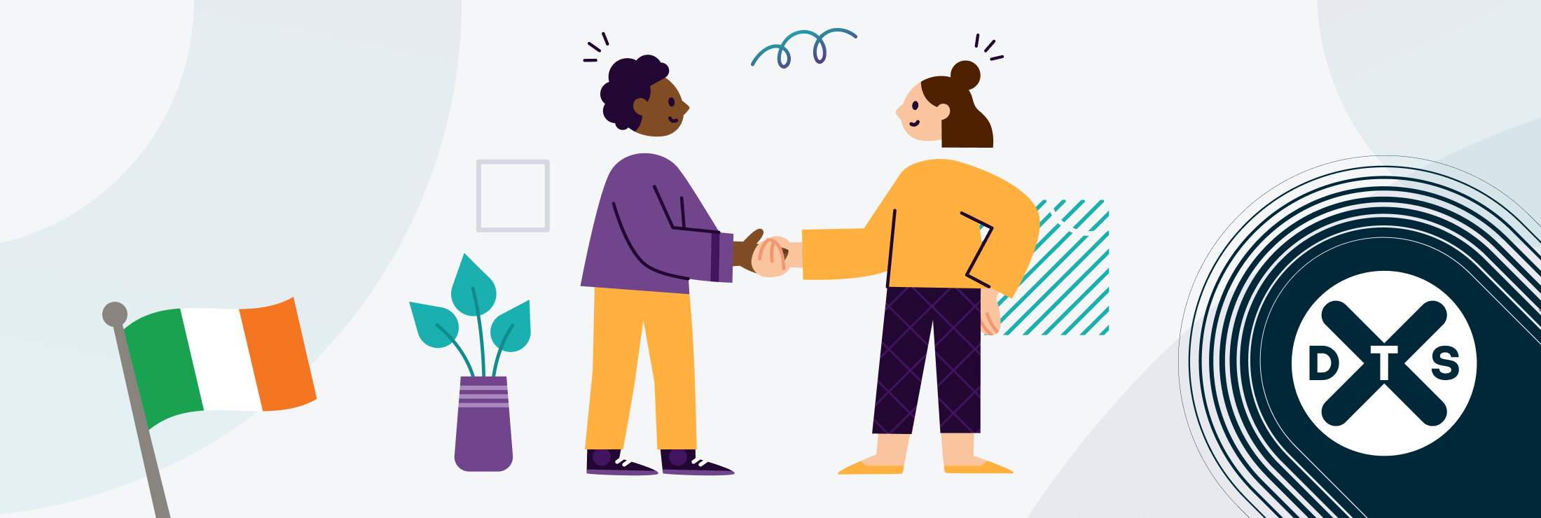 Two people shaking hands with an Irish flag and the Dublin Tech Summit logo in the bottom left and right corners