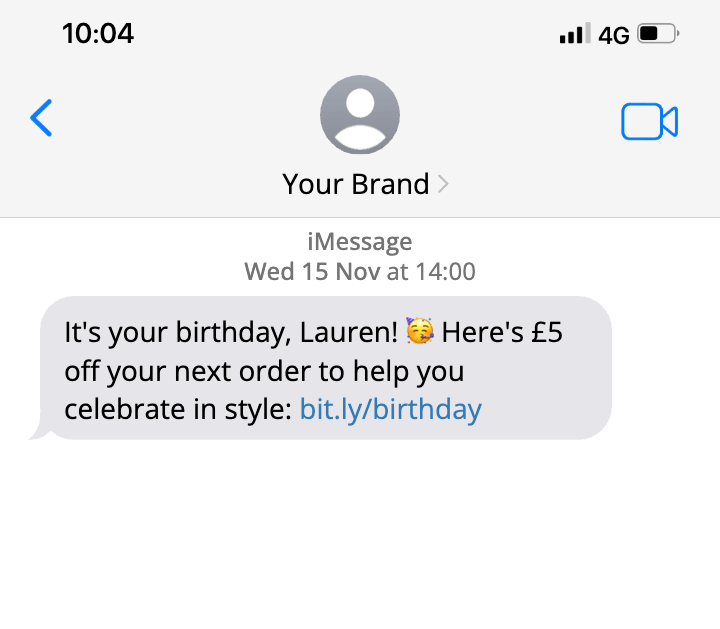 birthday sms example with a discount code link