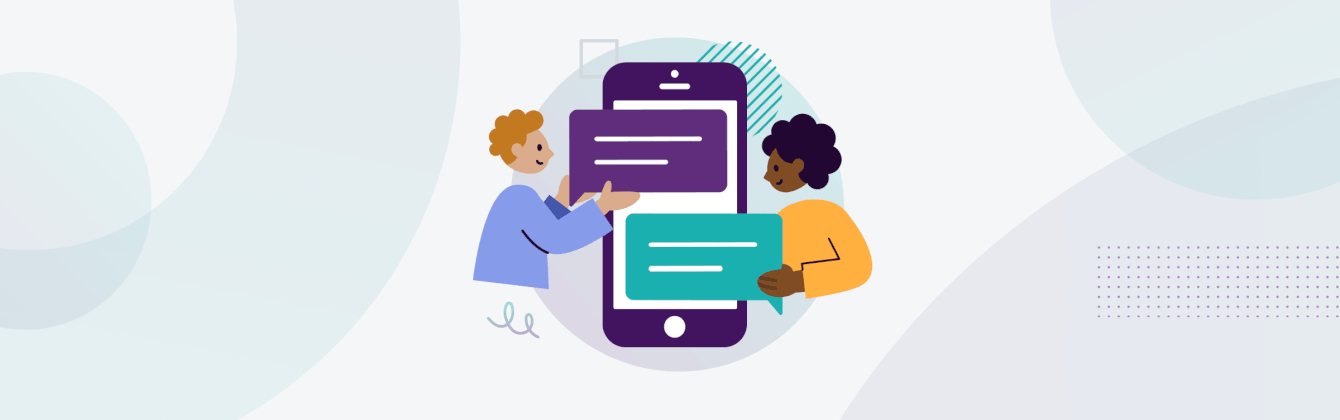 2 people interacting with text messages that are popping out of a phone.