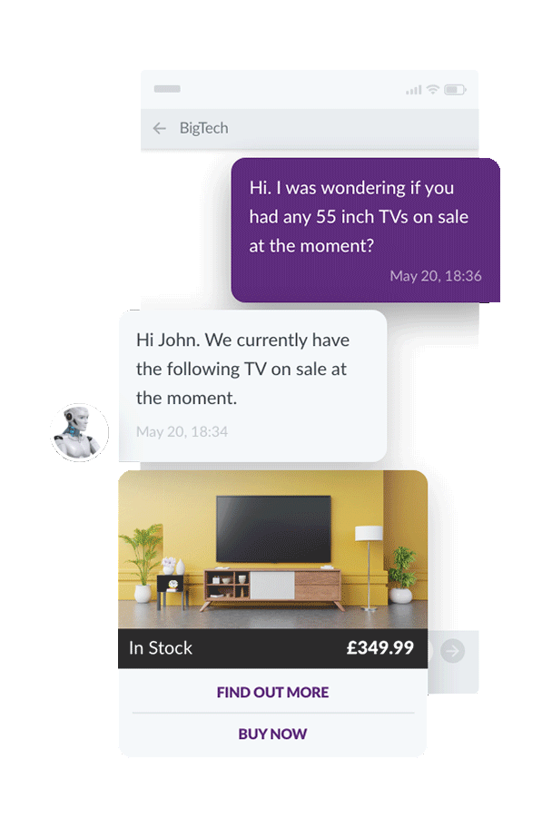 chatbot showing an SMS conversation between a business and a customer