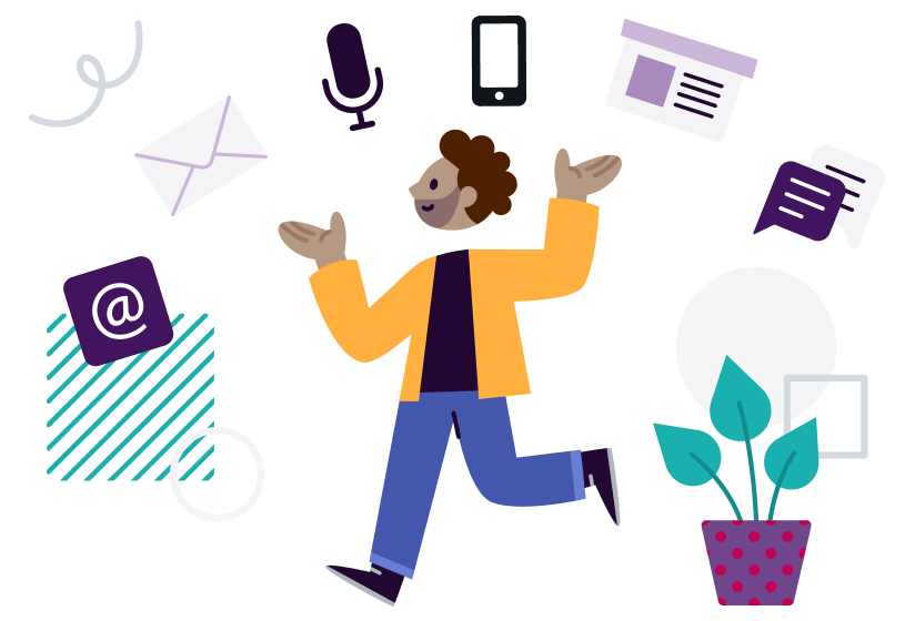 Image of a person with icons that relate to different forms of business communication - email, social media, voice, mobile, sms to represent customer engagement in retail